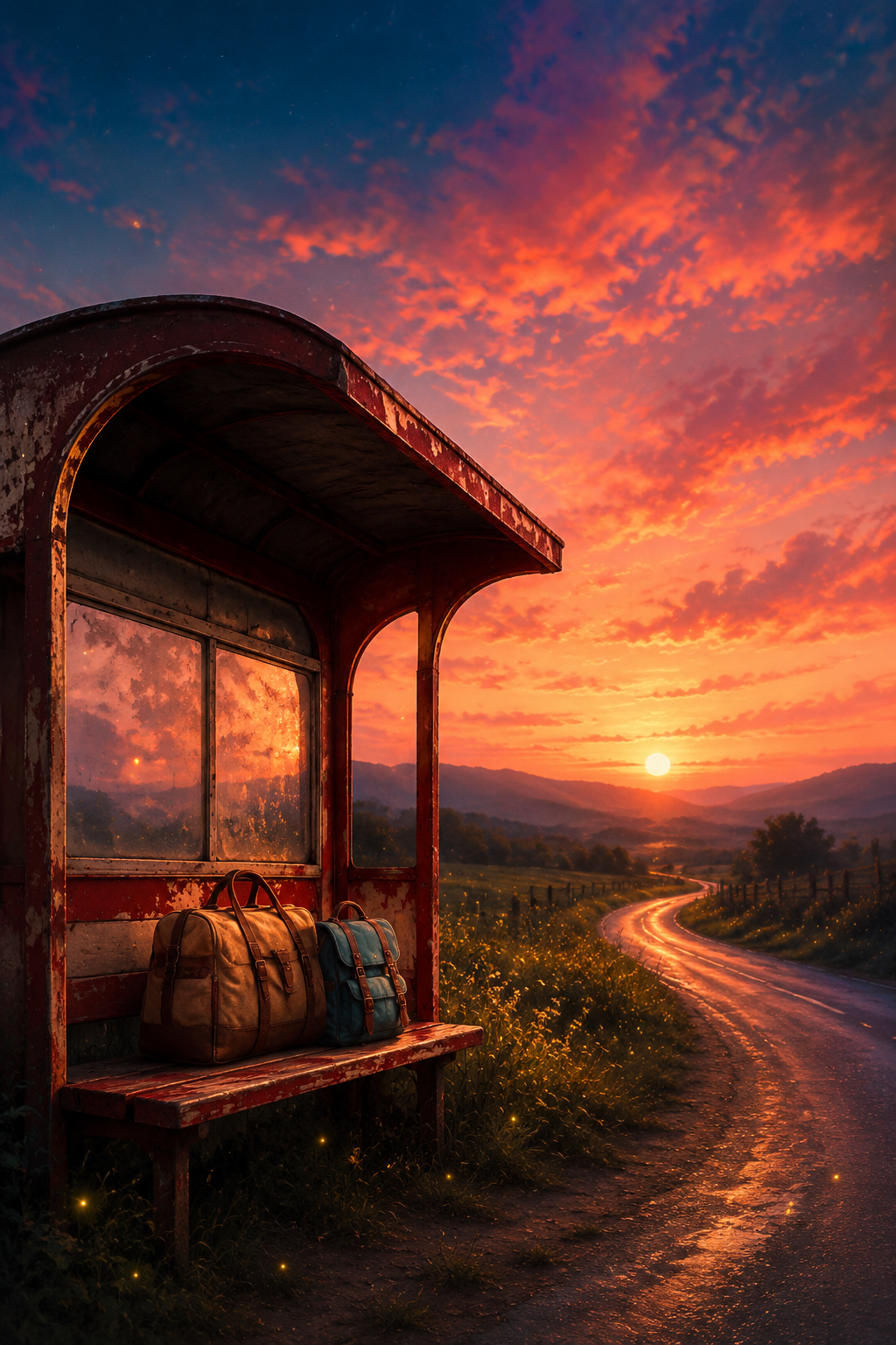 Fictional Last Stop movie artwork showing luggage at a country bus stop at sunset
