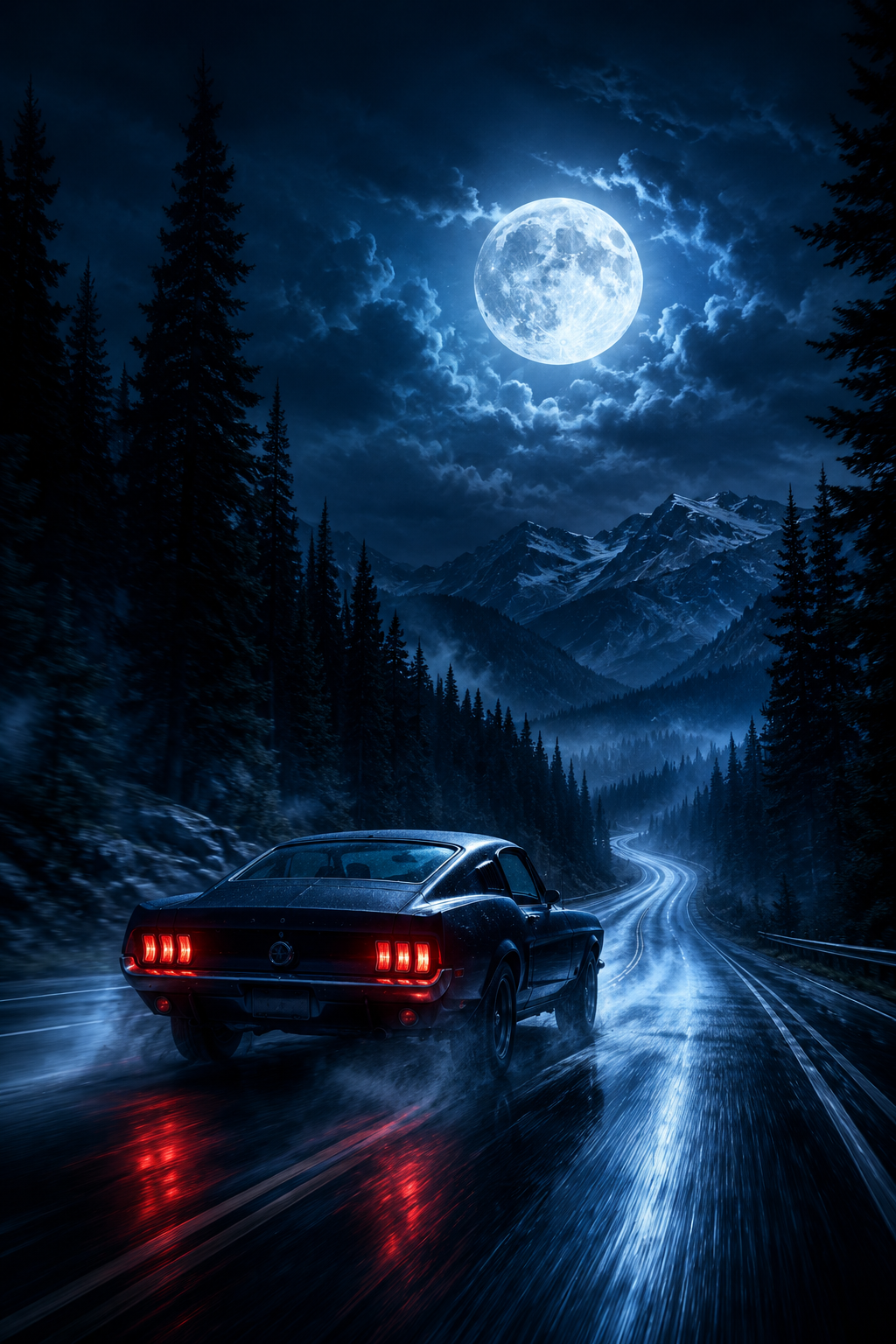 Fictional Midnight Run movie artwork showing a car on a moonlit highway