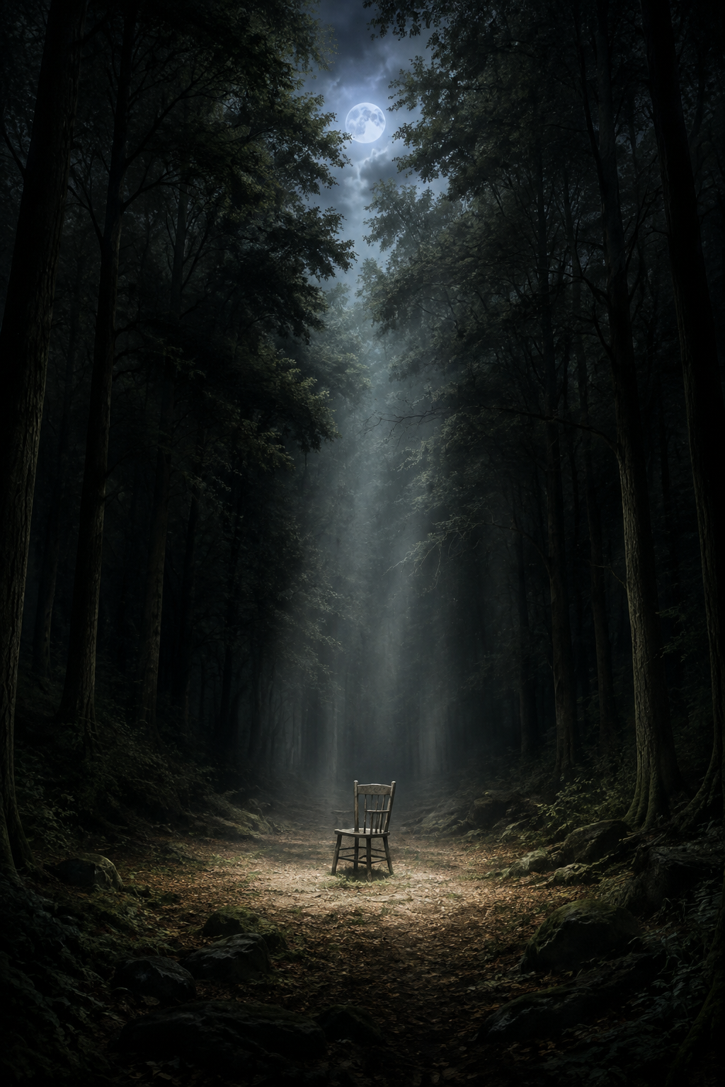 Fictional The Clearing movie artwork showing an empty chair in a moonlit forest