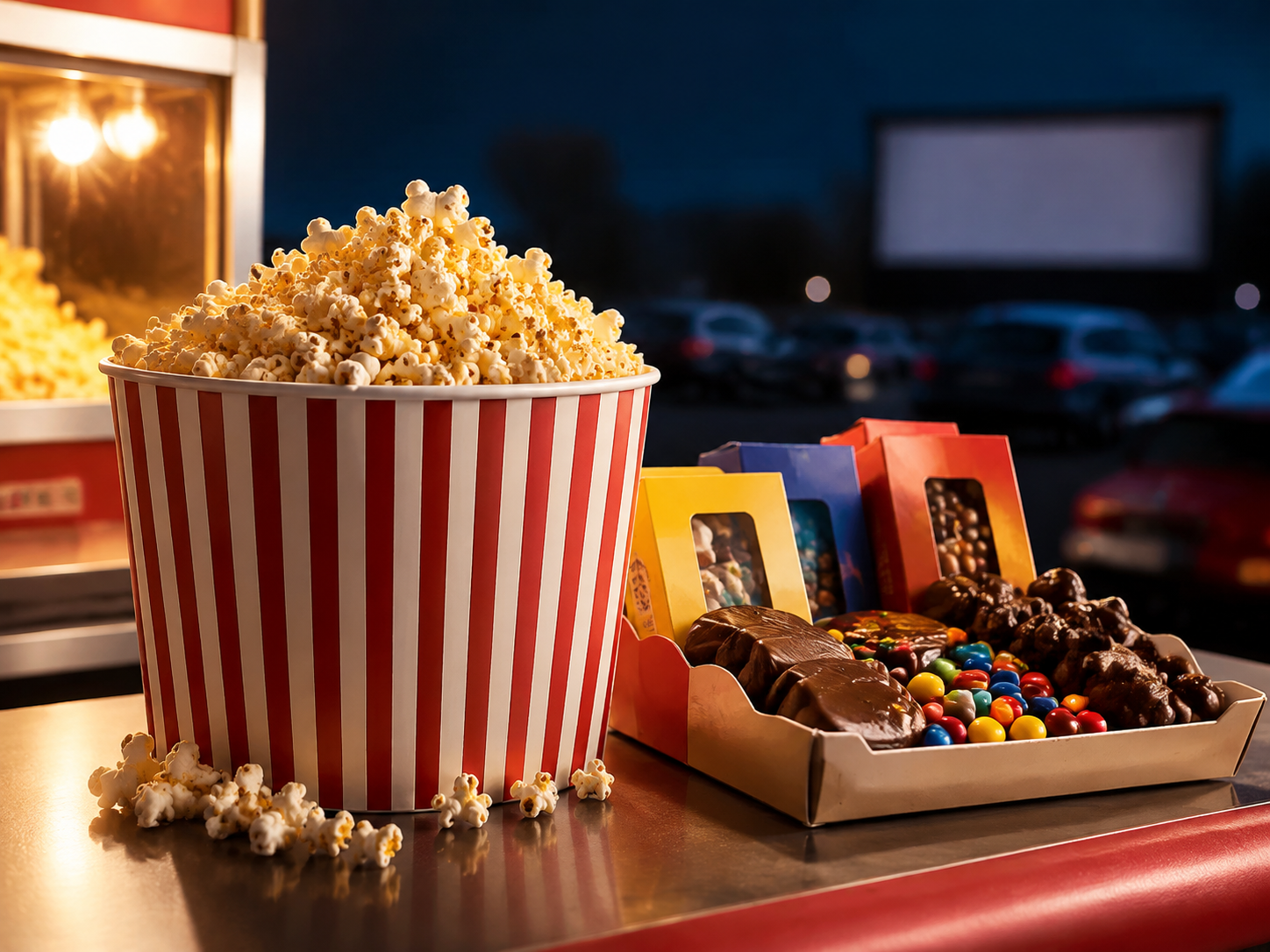 Popcorn and movie candy on a drive-in concession counter