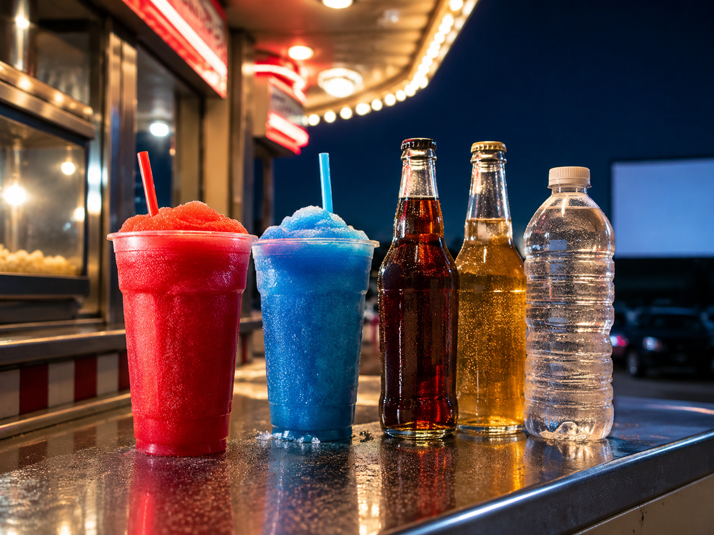 Slush drinks, soda and water on a drive-in concession counter