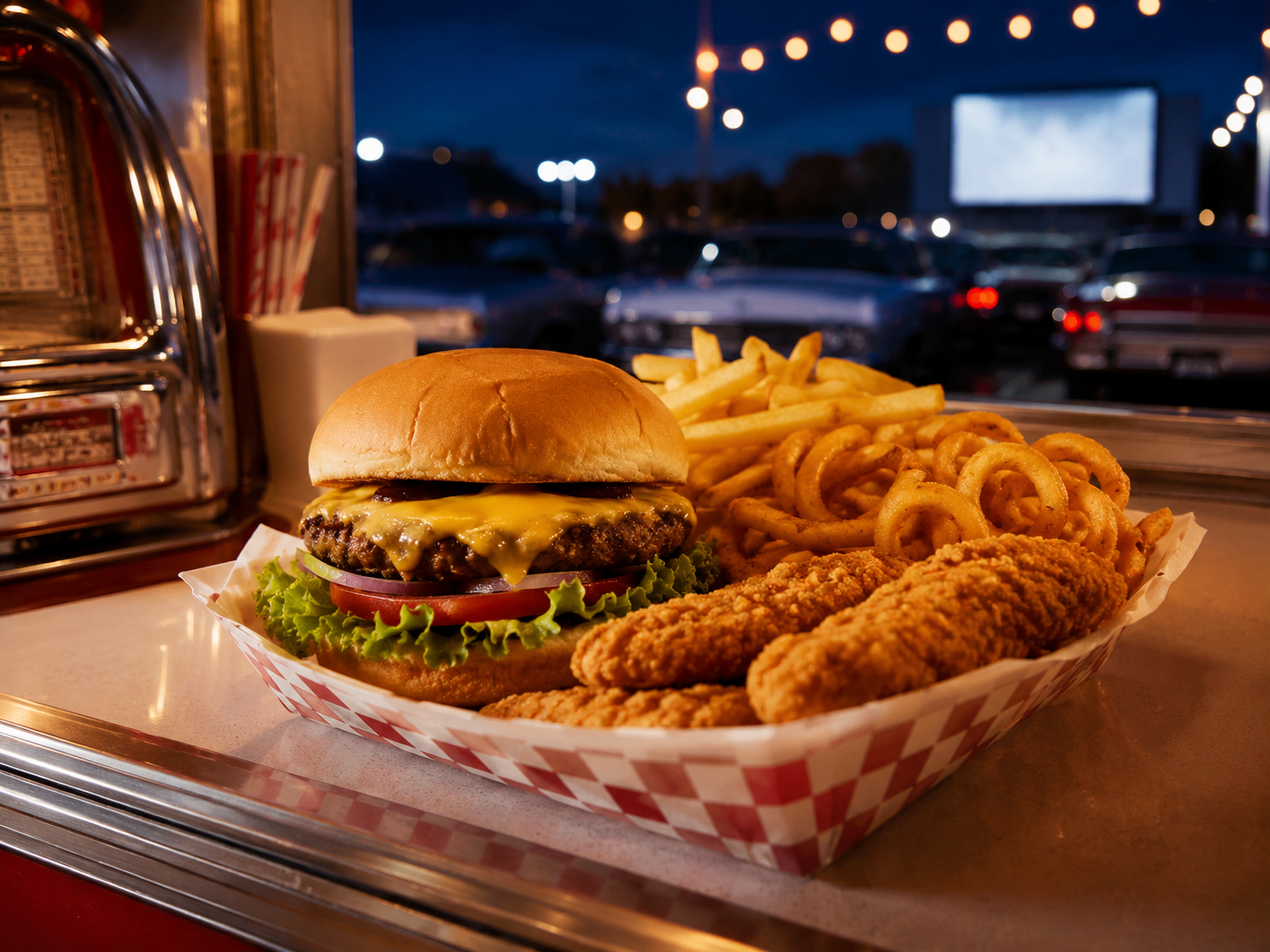 Cheeseburger, fries and chicken tenders on a drive-in concession counter