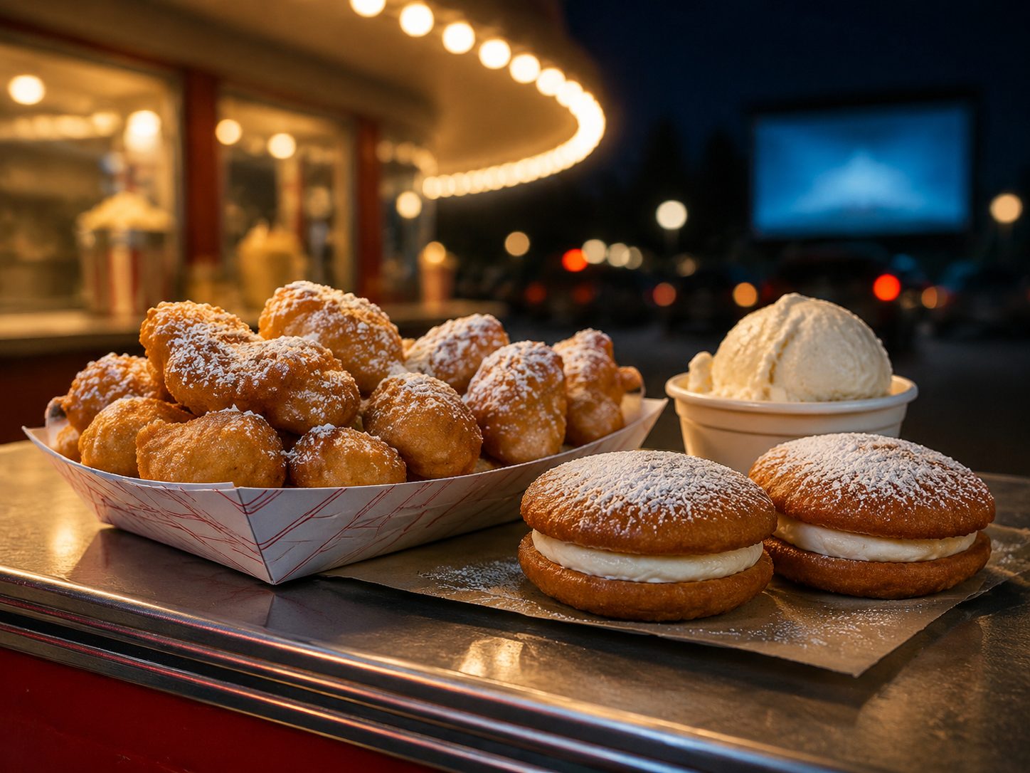 Fried dough and ice cream on a drive-in concession counter